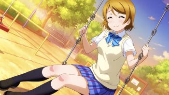 1girl ^_^ anime_coloring black_shoes black_socks blue_bow blue_bowtie blue_skirt blush bow bowtie breasts brown_hair brown_sweater_vest bulletin_board closed_eyes closed_mouth cloud collared_shirt diagonal-striped_bow diagonal-striped_bowtie diagonal-striped_clothes dress_shirt dutch_angle evening facing_viewer fence gradient_sky hands_up head_tilt kneehighs koizumi_hanayo lamppost lens_flare loafers love_live! love_live!_school_idol_festival_all_stars love_live!_school_idol_project medium_breasts miniskirt official_art on_swing orange_sky otonokizaka_school_uniform outdoors park pigeon-toed plaid_clothes plaid_skirt pleated_skirt raised_inner_eyebrows school_uniform shirt shoes short_hair short_sleeves skirt sky smile socks solo sparkle striped_bow striped_bowtie striped_clothes summer_uniform sunset sweater_vest swing tree twilight white_shirt