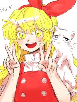 Rule 34 | 1boy, 1girl, :d, animal, animal on shoulder, blonde hair, buttons, cat, cat on shoulder, double v, ellen (touhou), hair ribbon, hairband, happy, kuya (hey36253625), long hair, looking at viewer, open mouth, puffy short sleeves, puffy sleeves, red hairband, red ribbon, red vest, ribbon, shirt, short sleeves, simple background, smile, sokrates (touhou), solo, teeth, touhou, touhou (pc-98), turtleneck, upper teeth only, v, very long hair, vest, white background, white cat, white shirt, yellow eyes