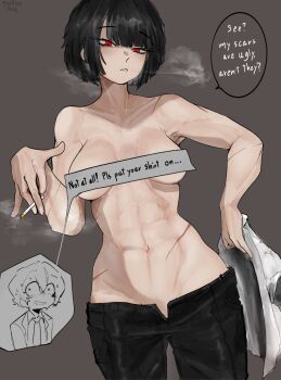 Rule 34 | 1girl, black hair, breadiwe, breasts, denim, english text, highres, jeans, limbus company, muscular, muscular female, pants, project moon, red eyes, ryoshu (project moon), scar, short hair, simple background, smoking, speech bubble