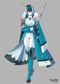 1girl ascot black_gloves black_hair blue_boots blue_cape blue_coat blue_gemstone blue_hair blue_headwear boots brooch buttons cape coat cobalion feathers female_focus flower fold-over_boots full_body fur-trimmed_cape fur_trim gem gen_5_pokemon gloves grey_background hand_up hat_feather high_collar high_heels highres holding holding_sword holding_weapon jewelry legendary_pokemon long_sleeves looking_at_viewer merlusa multicolored_hair nintendo orange_eyes pale_skin pants personification pokedex_number pokemon rose short_hair sidelocks simple_background solo standing straight-on sword tassel thigh_boots two-sided_coat two-sided_fabric two-tone_hair v-shaped_eyebrows weapon white_ascot white_pants yellow_feathers yellow_flower yellow_rose