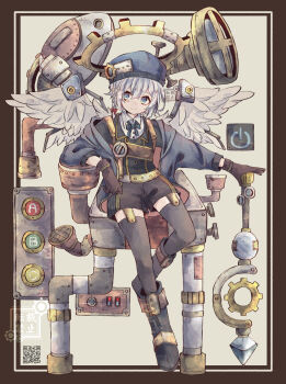 1boy angel angel_wings bloomminority blue_eyes braid cyberpunk fantasy highres machine original pale_skin piercing pointy_ears steampunk thighhighs thighs white_hair wings