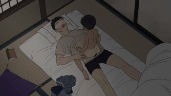 2boys age_difference amakara000 anal animated animated_gif ass barefoot bed black_hair blush boy_on_top censored clothed_male_nude_male clothed_sex feet lying male_focus male_penetrated male_underwear multiple_boys nude original penis pillow sex shota size_difference soles straddling tan tanline toes underwear yaoi