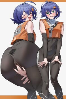 1girl absurdres ahoge alternate_costume ass bare_shoulders belle_(zenless_zone_zero) blue_hair blush bodystocking border commentary_request covered_navel covering_crotch covering_privates crop_top cropped_shirt crossed_bangs feet_out_of_frame green_eyes hair_between_eyes hair_intakes hair_ornament highres letter_hair_ornament letterboxed looking_at_viewer looking_back medium_hair multiple_views open_mouth orange_shirt outside_border ramanda shirt simple_background standing white_background zenless_zone_zero