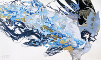 1girl absurdly_long_hair absurdres arms_up bent_over bird black_hair blue_eyes blue_shirt breasts colored_skin commentary_request eyelashes floating_hair from_side high-waist_skirt highres long_hair looking_up original print_sleeves shiguretau shirt sideboob signature simple_background skirt skirt_cutout sleeveless sleeveless_shirt solo traditional_media turtleneck turtleneck_shirt very_long_hair wavy_hair white_skin white_skirt wide_sleeves