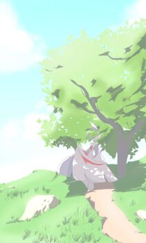 1other adjusting_clothes arm_blade blue_sky cape cape_lift clear_sky closed_eyes cloud colored_skin dappled_sunlight day dirt_road facing_to_the_side gallade gen_4_pokemon grass green_hair highres hill mega_gallade mega_pokemon mohawk nintendo on_grass outdoors pokemon pokemon_(creature) pokemon_focus road rock shade sky sunlight tree u_u user_kgue8578 weapon white_cape white_skin