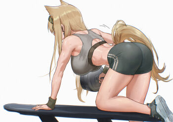1girl absurdres animal_ears arknights arm_support armpit_crease ass barbell bare_shoulders black_shorts blonde_hair breasts commentary earpiece exercising extra_ears film_grain grey_sports_bra gym_shorts highres horn_(arknights) large_breasts long_hair shoes short_shorts shorts simple_background solo sports_bra sweat tail thighs uof white_background white_shoes wolf_ears wolf_girl wolf_tail