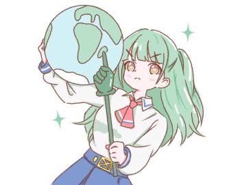 Rule 34 | >:(, 1girl, alfaromio, blue skirt, blunt bangs, brown eyes, closed mouth, collared shirt, commentary request, cowboy shot, frown, green hair, heart, heart-shaped pupils, holding, holding globe, ikizulive! 1st live ~what is my l?~, ikizulive! love live! bluebird, long hair, long sleeves, love high school uniform, love live!, love you save the earth!!, neckerchief, object request, pink neckerchief, pleated skirt, school uniform, shirt, sidelocks, simple background, skirt, solo, sparkle, split mouth, symbol-shaped pupils, two side up, v-shaped eyebrows, white background, white shirt, yamada midori