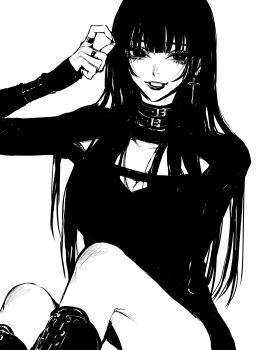 1girl belt_collar clothing_cutout collar cowboy_shot cross cross_earrings earrings greyscale highres jewelry lips long_hair long_sleeves looking_at_viewer monochrome multiple_rings original ring shirt simple_background smile solo teeniika white_background wispy_bangs