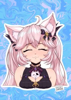 1girl :3 ahoge animal_ears artist_name blue_background bow breast_rest breasts cat_ears cat_girl cleavage cleavage_cutout closed_eyes clothing_cutout commentary english_commentary eyepatch hair_bow highres medium_breasts mrmiguelart nyatasha_nyanners nyatasha_nyanners_(6th_costume) pink_hair portrait shirt signature sleeveless sleeveless_shirt solo twintails virtual_youtuber vshojo