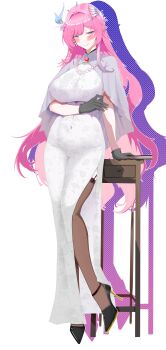 1girl absurdres black_gloves black_thighhighs book breasts commentary_request covered_navel cyrene_(honkai:_star_rail) cyrene_(ripples_of_past_reverie)_(honkai:_star_rail) desk dress earrings evening_gown flower full_body gloves hair_flower hair_ornament high_heels highres honkai:_star_rail honkai_(series) jewelry jianjia_(pixiv65586691) large_breasts long_hair looking_at_viewer pink_hair pointy_ears purple_eyes shadow simple_background smile solo thighhighs very_long_hair white_background
