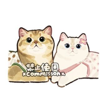 animal animal_focus blue_eyes cat clothed_animal commission floral_print flower green_eyes hair_flower hair_ornament looking_at_viewer lying no_humans on_stomach original pink_flower simple_background tabby_cat watermark whiskers white_background white_cat xiao_bo_kuai_kuai yellow_cat