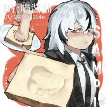 1girl absurdres barefoot black_hair blush bread bread_slice brown_eyes feet giving highres looking_at_viewer medium_hair miao_jiangyou multicolored_hair necktie plate pout streaked_hair toes two-tone_hair white_hair