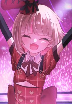 1girl arms_up back_bow black_bow black_gloves blunt_bangs blush bob_cut bow bowtie buttons center_frills closed_eyes clothing_cutout collared_shirt colored_inner_hair dress elbow_gloves fangs flat_chest frills gloves glowstick grey_hair hat hat_bow heart heart_button heart_o-ring highres idol_clothes layered_dress makaino_ririmu medium_hair mini_hat multicolored_hair nijisanji o-ring official_alternate_costume official_alternate_hairstyle open_mouth outstretched_arms pink_hair plaid_clothes plaid_dress plaid_sleeves puffy_short_sleeves puffy_sleeves rabbit_ear_headwear red_bow red_bowtie red_dress red_eyes red_sleeves shirt short_sleeves shoulder_strap skin_fangs smile solo stage stage_lights streaked_hair underboob_cutout upper_body virtual_youtuber white_shirt yogiri_o410