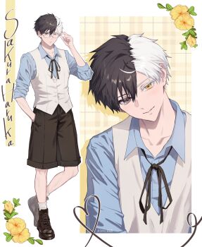 1boy adjusting_eyewear alternate_costume bespectacled black_boots black_hair black_ribbon black_shorts blue_shirt boots character_name closed_mouth collared_shirt flower flower_request full_body glasses grey_eyes hand_in_pocket hashtag-only_commentary heart heterochromia highres light_blush light_smile looking_at_viewer male_focus multicolored_hair multiple_views neck_ribbon parted_lips rectangular_eyewear ribbon sakura_haruka_(wind_breaker) semi-rimless_eyewear shirt short_hair shorts simple_background sleeves_pushed_up socks soru_2023 split-color_hair standing teeth twitter_username two-tone_hair under-rim_eyewear vest white_background white_socks white_vest wind_breaker_(nii_satoru) yellow_eyes yellow_flower