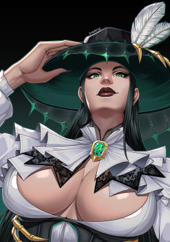 1girl absurdres black_background black_hair breasts cleavage cleavage_cutout clothing_cutout commentary english_commentary from_below gem gradient_background green_background green_eyes green_gemstone green_hat hand_on_headwear hat hat_feather hela_(marvel) hela_(the_grim_lady)_(marvel) highres large_breasts long_hair looking_at_viewer looking_down marvel marvel_rivals official_alternate_costume red_lips shirt solo thor_(marvel)_(series) tre_artz upper_body white_shirt