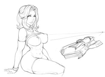 1girl abs breasts clothes_lift detached_sleeves f-zero female_focus fingerless_gloves gloves greyscale large_breasts lineart lips lm_(legoman) looking_at_viewer monochrome mrs._arrow nintendo nipples no_panties puffy_nipples queen_meteor shirt_lift short_hair simple_background sitting sketch solo spacecraft tank_top thighhighs thighs wavy_hair white_background wide_hips