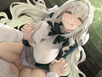 1boy 1girl absurdres assertive_female blue_archive blush bow breasts clothed_sex clothing_aside commentary_request commission cowgirl_position girl_on_top grabbing_another&#039;s_breast green_eyes green_halo grey_hair groping guided_breast_grab guiding_hand hair_bow halo happy_sex hetero highres holding_hands indoors interlocked_fingers large_breasts licking_lips long_hair looking_at_viewer miyo_(blue_archive) nakano_sora paid_reward_available panties pov pussy school_uniform sex skeb_commission smile solo_focus spread_legs straddling tongue tongue_out underwear vaginal very_long_hair white_bow