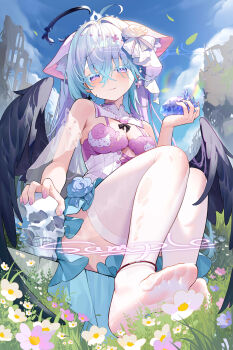 Rule 34 | 1girl, absurdres, animal ear fluff, animal ears, bare shoulders, black wings, blue flower, blue hair, blue sky, blush, breasts, cat ears, chinese commentary, cleavage, closed mouth, cloud, commentary request, commission, crossed bangs, day, dress, earrings, feathered wings, feet, flower, full body, grass, hair between eyes, hair flower, hair intakes, hair ornament, halo, highres, holding, jewelry, ji guang xian yu, long hair, looking at viewer, low wings, medium breasts, multicolored hair, nail polish, original, outdoors, purple eyes, purple hair, rose, sample watermark, see-through clothes, sitting, skull, sky, smile, soles, solo, thighhighs, thighs, tiara, toes, torn clothes, torn thighhighs, virtual youtuber, watermark, white dress, white flower, white thighhighs, wings