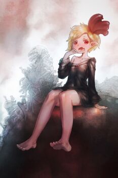 1girl absurdres barefoot black_dress blonde_hair bone commentary_request darkness dress drooling fang flat_chest highres looking_at_viewer pointy_ears red_eyes rumia short_dress short_hair sitting solo toes touhou yst