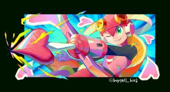 1girl arm_cannon arrow_(projectile) black_bodysuit black_border blonde_hair blue_background bodysuit border bow_(weapon) buysell_bird commentary green_eyes heart helmet leotard long_hair mega_man_(series) mega_man_battle_network_(series) netnavi one_eye_closed pink_helmet pink_leotard roll.exe_(mega_man) smile solo twitter_username upper_body weapon