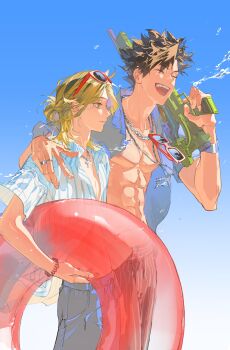 Rule 34 | 2boys, abs, absurdres, adam's apple, baozaohuang, bare pectorals, black hair, blonde hair, blue background, blue shirt, bracelet, chain, chain necklace, chinese commentary, closed eyes, collarbone, collared shirt, commentary request, eyewear hang, eyewear on head, haikyuu!!, hand on another's shoulder, happy, highres, holding, holding water gun, jewelry, kozume kenma, kuroo tetsurou, male focus, multicolored hair, multiple boys, necklace, nipples, open clothes, open mouth, open shirt, pectorals, ring, roots (hair), shirt, short hair, shorts, simple background, striped clothes, striped shirt, striped shorts, sunglasses, unworn eyewear, vertical-striped clothes, vertical-striped shirt, vertical-striped shorts, watch, water gun, wristwatch, yellow eyes