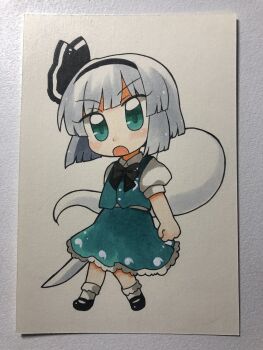 Rule 34 | 1girl, bad id, bad twitter id, black bow, black bowtie, black hairband, black shoes, bow, bowtie, chibi, chibi only, commentary, frilled sleeves, frills, full body, green eyes, green skirt, green vest, grey hair, hairband, highres, hitodama, hitodama print, holding, holding sword, holding weapon, konpaku youmu, konpaku youmu (ghost), looking at viewer, maa (forsythia1729), open mouth, photo (medium), puffy short sleeves, puffy sleeves, shoes, short sleeves, skirt, skirt set, socks, solo, sword, touhou, traditional media, vest, weapon, white socks