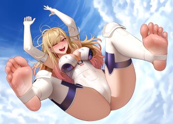 1girl :d absurdres arms_up blonde_hair blue_sky blush breasts cameltoe choujigen_game_neptune cleavage cleavage_cutout clothing_cutout cloud cloudy_sky commentary cosplay elbow_gloves english_commentary falling feet full_body gloves highres kairunoburogu kitagawa_marin knee_pads large_breasts leotard long_hair looking_at_viewer multicolored_hair neptune_(series) one_eye_closed open_mouth outdoors pink_hair red_eyes sky smile soles solo sono_bisque_doll_wa_koi_wo_suru stirrup_legwear toeless_legwear toes two-tone_hair white_leotard white_theme yellow_heart_(neptunia) yellow_heart_(neptunia)_(cosplay)