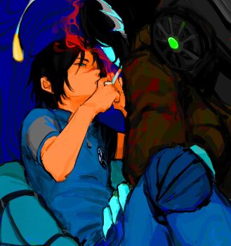 Rule 34 | 2boys, ang1079577, anglerfish boy, black hair, blue background, blue eyes, blue jumpsuit, blue skin, brown coat, cigarette, cigarette kiss, claws, coat, colored skin, dual persona, fins, hashtag-only commentary, head fins, highres, holding, holding cigarette, illicium, jumpsuit, looking at another, male focus, merman, monster boy, multiple boys, pressure (roblox), scar, scar on face, scar on nose, sebastian solace, short hair, sitting, sitting on lap, sitting on person, smoking