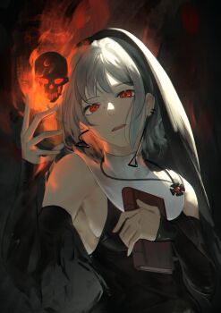 1girl absurdres book breasts chainsaw_man commentary_request death_devil_(chainsaw_man) earrings fami_(chainsaw_man) fire flaming_skull grey_hair highres holding holding_book jewelry kamiro_(kamin_r0) looking_at_viewer necklace nun red_eyes sideboob skull small_breasts solo