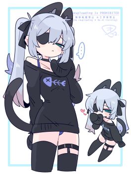 ... 1boy animal_ear_fluff animal_ears bags_under_eyes bare_shoulders black_bow black_choker black_sweater black_thighhighs blue_eyes blue_hair blue_panties blush bow bra_strap bulge cat_boy cat_ears cat_tail chibi choker collarbone colored_tips commentary covering_own_mouth cowboy_shot crossdressing crossdressing_(mtf) earclip extra_ears eyepatch fish_skeleton fish_skeleton_print flipped_hair from_below frown full_body grey_tail hair_between_eyes hair_bow hair_intakes hand_up heart highres long_hair long_sleeves looking_at_viewer male_focus multicolored_hair multiple_views narrowed_eyes no_nose no_pants off_shoulder one_eye_covered op_na_yarou original panties panty_peek print_sweater quad_tails raised_inner_eyebrows red_hair rigel_(op_na_yarou) sidelocks simple_background sleeves_past_fingers sleeves_past_wrists speech_bubble spoken_ellipsis standing straight_hair sweater tail thigh_strap thighhighs trap underwear watermark white_background white_hair