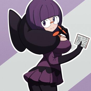 1girl artist_name blunt_bangs bob_cut book bow breasts cleavage elbow_gloves from_side glasses gloves highres holding holding_book holding_pen ko_ta0816e large_bow large_breasts looking_back low-cut nintendo pantyhose pen pokemon pokemon_bw purple_hair purple_skirt rimless_eyewear round_eyewear shauntal_(pokemon) short_hair skirt smile solo team_plasma twisted_torso