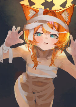1girl absurdres animal_ear_fluff animal_ears bandages blue_archive blue_eyes blush breasts claw_pose collarbone cowboy_shot halloween halloween_costume halo highres inakanonn leaning_forward looking_at_viewer mari_(blue_archive) mummy_costume naked_bandage navel open_mouth orange_hair small_breasts solo yellow_halo