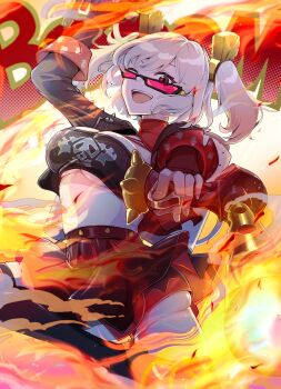 Rule 34 | 1girl, :d, absurdres, azukimaru, black gloves, black jacket, black skirt, black tube top, blonde hair, blush, breasts, burnice white, crop top, flamethrower, gloves, highres, holding flamethrower, holding weapon, jacket, large breasts, looking at viewer, navel, open mouth, red-tinted eyewear, red eyes, short hair, skirt, smile, solo, strapless, sunglasses, thighhighs, tinted eyewear, tube top, twintails, weapon, zenless zone zero
