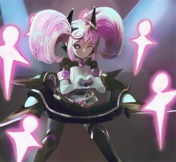 Rule 34 | 1girl, azure striker gunvolt, black dress, black sclera, byte (grunty-hag1), colored sclera, commentary request, cowboy shot, dress, gunvolt chronicles luminous avenger ix, heart, heart hands, idol, isola (gunvolt), long hair, one eye closed, purple eyes, purple hair, solo, twintails