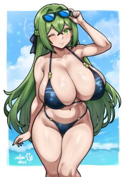 1girl ;) absurdres adjusting_eyewear artist_name bare_arms bare_shoulders bikini black-framed_eyewear black_bikini blue-tinted_eyewear blue_sky border braid breasts closed_mouth cloud commentary commission crossed_bangs cumulonimbus_cloud double-parted_bangs english_commentary eyewear_lift eyewear_on_head feet_out_of_frame furrowed_brow gluteal_fold green_eyes green_hair hair_between_eyes hair_intakes hand_on_eyewear highleg highleg_bikini highres huge_breasts ko-fi_commission legs_together light_blush long_hair looking_at_viewer navel ocean one_eye_closed original outside_border rotomdocs sidelocks sky smile solo standing string_bikini sunglasses swimsuit thigh_gap tinted_eyewear very_long_hair water white_border
