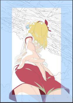 1girl blonde_hair bottle drinking facing_away from_below gym_uniform hairband highres idolmaster idolmaster_cinderella_girls papiyon1297 perspective sakurai_momoka short_hair shorts solo water_bottle wet