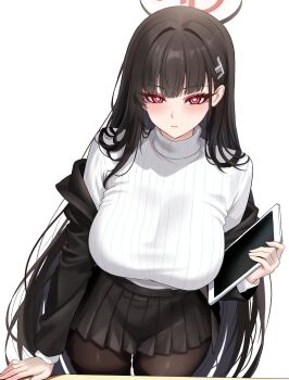 1girl absurdres black_hair black_jacket black_pantyhose black_skirt blue_archive blush breasts bright_pupils closed_mouth commentary hair_ornament hairclip halo highres holding holding_tablet_pc jacket lansulynn large_breasts long_hair long_sleeves looking_at_viewer miniskirt paid_reward_available pantyhose pleated_skirt red_eyes revision rio_(blue_archive) simple_background skirt solo sweater sweater_tucked_in tablet_pc turtleneck turtleneck_sweater white_background white_pupils white_sweater