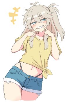 1girl alternate_costume blue_eyes blush commentary_request cropped_legs denim denim_shorts exposed_pocket finger_to_mouth fingersmile grin half-closed_eyes hands_up highleg highleg_panties highres kasukabe_tsumugi long_hair looking_at_viewer navel one_side_up panties shirt short_sleeves shorts sikime smile solo tied_shirt underwear voicevox white_background yellow_shirt