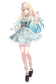 Rule 34 | 1girl, absurdres, aizawa ema, aizawa ema (3rd costume), aqua dress, aqua hair, aqua nails, black shoes, blonde hair, blue eyes, commentary request, dress, earrings, floating hair, floral print, flower, gradient hair, hair flaps, hair flower, hair ornament, hand up, highres, jewelry, lace socks, long hair, long sleeves, looking at viewer, multicolored hair, open mouth, shoes, simple background, socks, standing, tilu, very long hair, virtual youtuber, vspo!, white background, white socks