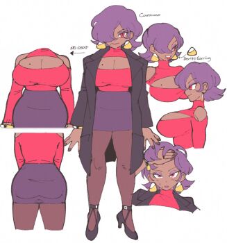 1girl arrow_(symbol) ass black_coat black_nails black_shoes bracelet breasts cleavage cleavage_cutout clothing_cutout coat commentary curacao_(inkerton-kun) curvy dark-skinned_female dark_skin earrings english_commentary english_text eyeshadow fingernails full_body gold_bracelet hair_lift hair_over_one_eye high_heels inkerton-kun jewelry large_breasts light_blush makeup miniskirt mole mole_on_breast mole_under_mouth multiple_views nail_polish original pantyhose pencil_skirt purple_eyeshadow purple_hair purple_skirt red_eyes reference_sheet shoes short_hair shoulder_cutout skirt smile sweatdrop triangle_earrings