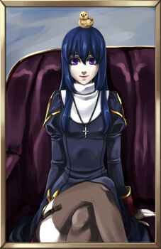 1girl animal animal_on_head baby_animal bird bird_on_head blue_dress blue_hair border breasts brown_border brown_thighhighs chick closed_mouth commentary_request couch cross cross_necklace crossed_legs dress feet_out_of_frame garter_straps jewelry juliet_sleeves lips long_hair long_sleeves looking_at_viewer medium_breasts necklace on_couch on_head priest_(ragnarok_online) puffy_sleeves purple_eyes ragnarok_online side_slit sidelocks sitting smile solo thighhighs toriria