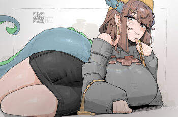 1girl :&gt; artist_name azz0422 bare_legs bare_shoulders black_eyes black_skirt blunt_bangs breasts brown_hair cross-shaped_pupils dragon_girl dragon_horns dragon_tail ear_piercing earrings eyelashes hair_ornament hairclip holding holding_jewelry holding_necklace horn_ornament horns huge_breasts jewelry long_hair looking_to_the_side lying narrowed_eyes necklace off-shoulder_sweater off_shoulder on_side original pencil_skirt piercing qr_code skirt solo sweater symbol-shaped_pupils tail