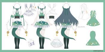 1girl a-pose apron artist_request bare_shoulders black_corset bonnet boots border collar copyright_notice corset detached_sleeves facing_away floral_print floral_print_kimono flower_knot frilled_bonnet frilled_collar frilled_skirt frilled_socks frilled_thigh_strap frills from_behind full_body green_boots green_border green_hair green_kimono green_ribbon green_tail hair_ribbon japanese_clothes kimono kimono_skirt knee_boots kneehighs lizard_tail long_hair long_sleeves maid_apron multiple_views neck_ribbon nijisanji obiage obijime official_art outside_border print_kimono reference_sheet ribbon skirt socks standing tail tail_under_clothes tassel thigh_strap togawa_nonoha virtual_youtuber waist_apron white_background white_bonnet white_ribbon white_sleeves