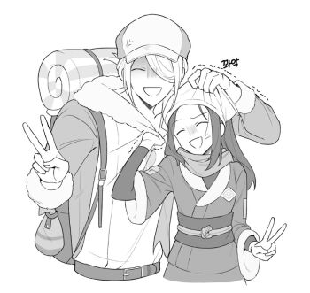 Rule 34 | 1boy, 1girl, akari (pokemon), anger vein, clothes grab, commentary request, false smile, greyscale, hair over one eye, hat, headscarf, height difference, korean commentary, long hair, monochrome, nintendo, nnban087, pokemon, pokemon legends: arceus, scarf, short hair, sidelocks, simple background, smile, v, volo (pokemon)