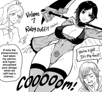 2girls absurdres alternate_breast_size_(larger) bb_(baalbuddy) braid braided_ponytail breasts cape cleavage commentary english_commentary english_text female_focus greyscale highleg highleg_leotard highres hood hooded_cape large_breasts leotard monochrome multiple_girls ponytail revealing_clothes ruby_rose rwby side_ponytail simple_background speech_bubble thighhighs weiss_schnee white_background