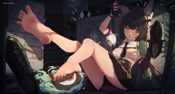 1girl animal_ear_fluff animal_ears arm_strap barefoot black_hair black_panties black_skirt boots breasts brown_eyes chest_sarashi collared_shirt covered_erect_nipples fingerless_gloves gloves highres holding holding_shoes holding_unworn_clothes hoshimi_miyabi icecake jacket long_hair looking_at_viewer mechanical_arms medium_breasts necktie no_shoes panties pleated_skirt sarashi shirt shoes single_fingerless_glove single_mechanical_arm skirt soles toeless_legwear toes underwear undone_sarashi unworn_shoes very_long_hair zenless_zone_zero