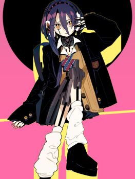 1girl android earmuffs etrian_odyssey highres idkuroi joints leg_warmers long_hair looking_at_viewer mechabare nail_polish olympia_(sekaiju) purple_hair pyro_jack robot robot_girl robot_joints school_uniform sekaiju_no_meikyuu sekaiju_no_meikyuu_3 solo white_leg_warmers yellow_eyes