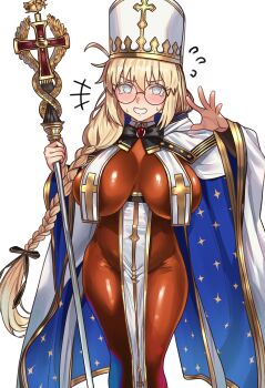 1girl @_@ absurdres aesc_(fate) aesc_(rain_witch)_(fate) blonde_hair blue_eyes blush bodysuit breasts ebora fate/grand_order fate_(series) hand_up hat highres holding holding_staff large_breasts long_hair looking_at_viewer orange_bodysuit round_eyewear smile solo staff tagme white_hat