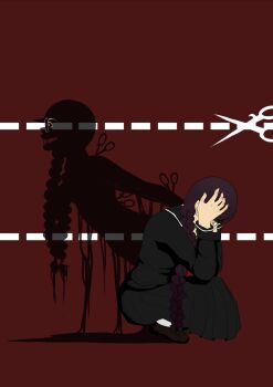 Rule 34 | 1girl, black shirt, black skirt, braid, brown shoes, commentary, danganronpa: trigger happy havoc, danganronpa (series), different shadow, dotted line, english commentary, fukawa toko, genocider shou, glasses, hands on own head, highres, kawaiismutt, long hair, long sleeves, purple hair, red background, scissors, shirt, shoes, simple background, skirt, skirt set, socks, solo, squatting, twin braids, twintails, white socks