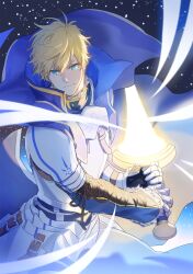 Rule 34 | 1boy, ahoge, armor, arthur pendragon (fate), black background, blonde hair, blue cape, blue shirt, breastplate, cape, closed mouth, cowboy shot, cross-laced clothes, cross-laced sleeves, excalibur (fate/prototype), fate/grand order, fate (series), faulds, fighting stance, floating cape, fur trim, gauntlets, glowing, glowing sword, glowing weapon, green eyes, hair between eyes, highres, holding, holding sword, holding weapon, light particles, looking at viewer, male focus, pauldrons, serious, shirt, short hair, shoulder armor, solo, standing, sword, v-shaped eyebrows, waist cape, weapon, wuren daoshang dekezong